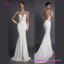 Hot Open Back Deep V Neck Wedding Gown with Chapel Train